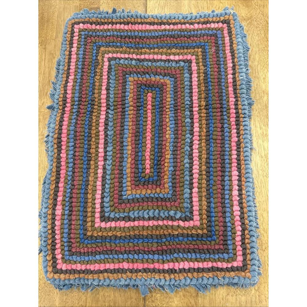Vtg Hand Hooked Rag Rug Geometric Squares Stripes Colorful Boho Cottage 24x17” - Picture 6 of 7